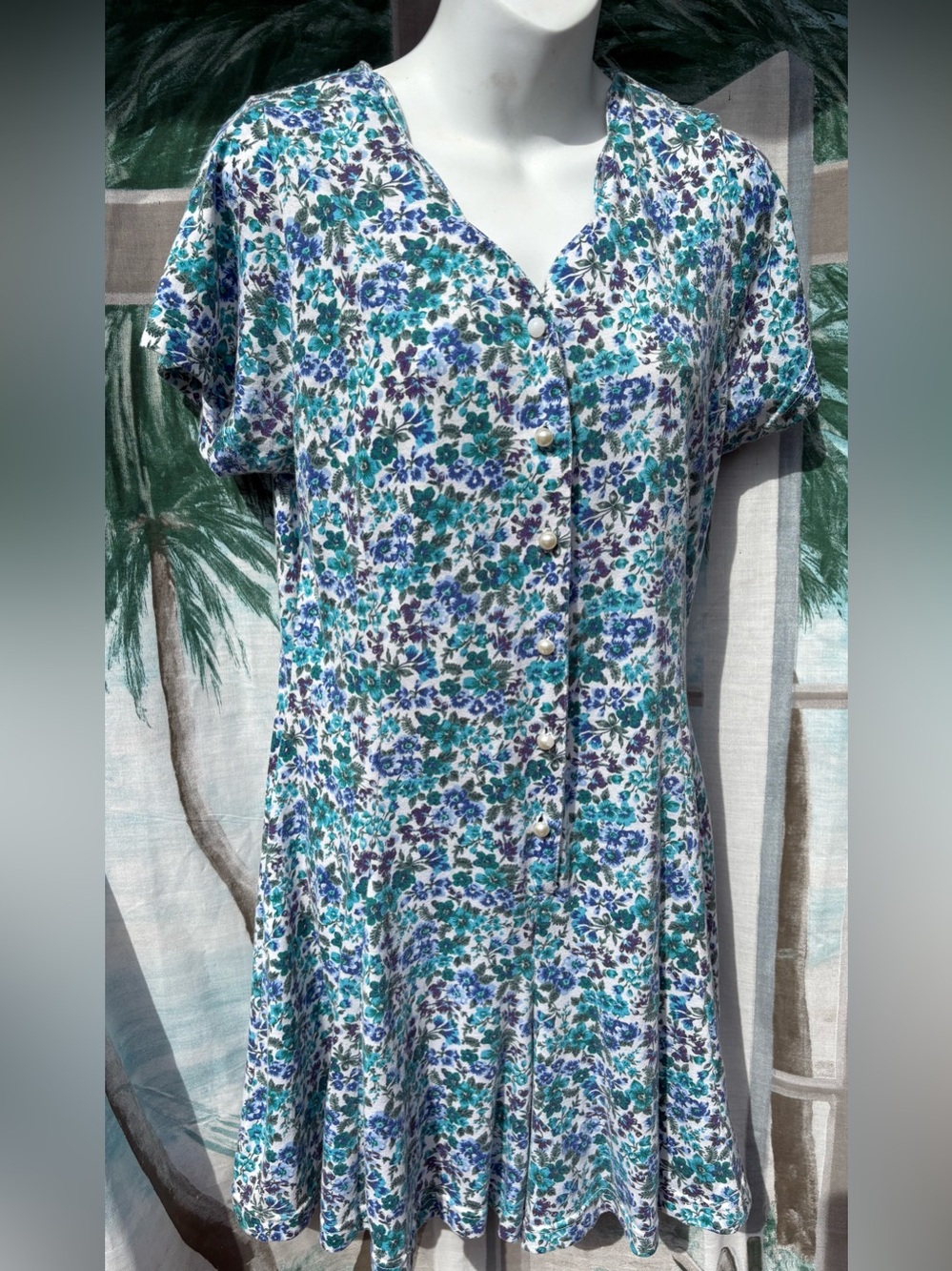 Vintage Women's Floral Button-Front skort/Dress in Teal & Blue